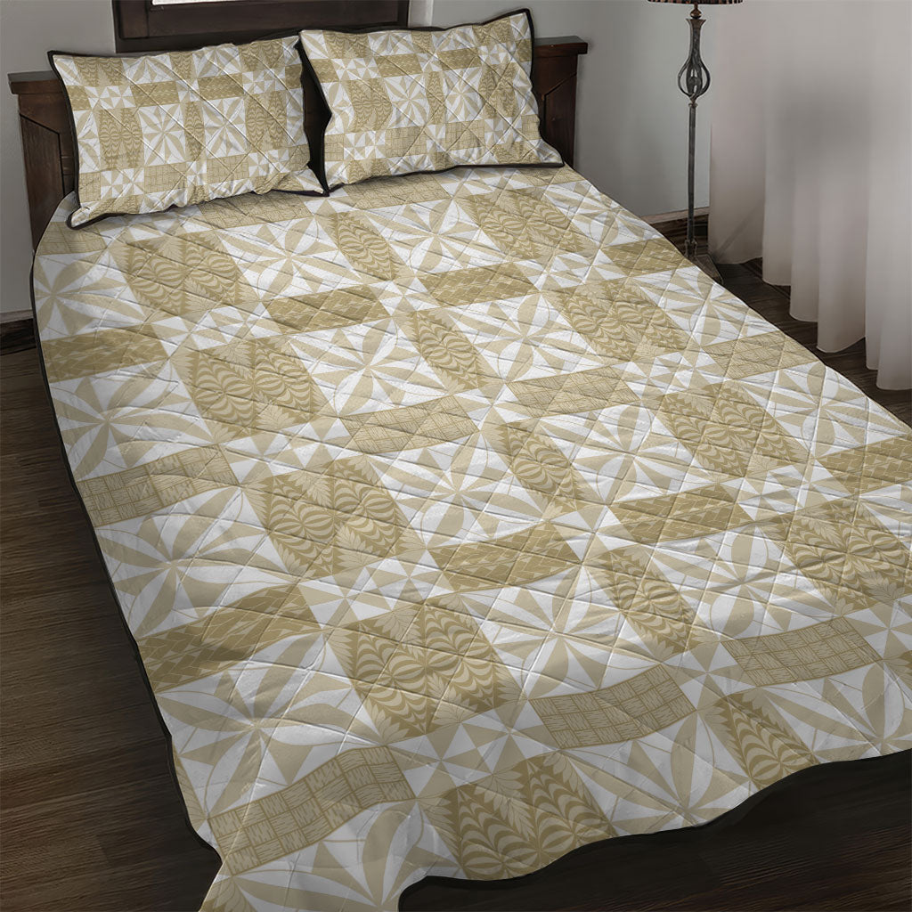 Beige Ngatu Pattern Malo e Lelei Tonga Quilt Bed Set