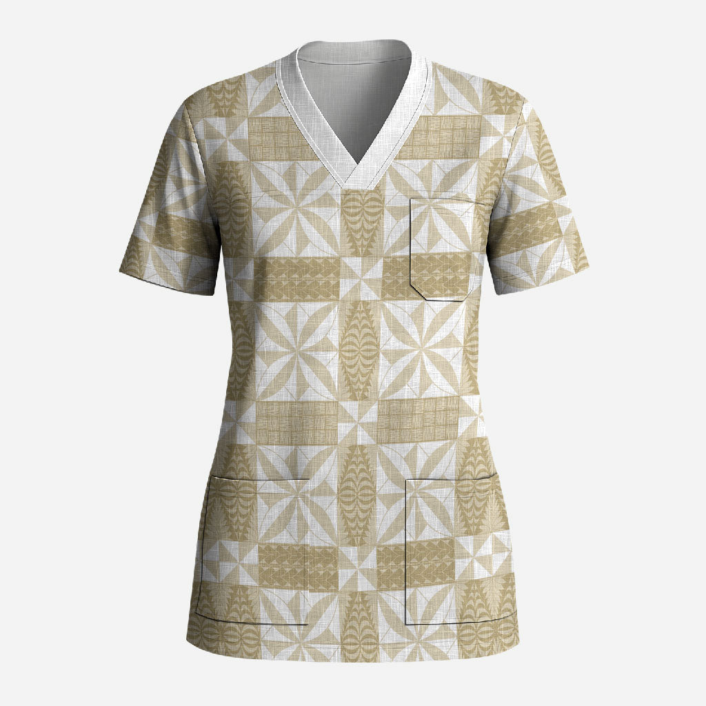 Beige Ngatu Pattern Malo e Lelei Tonga Scrub Top