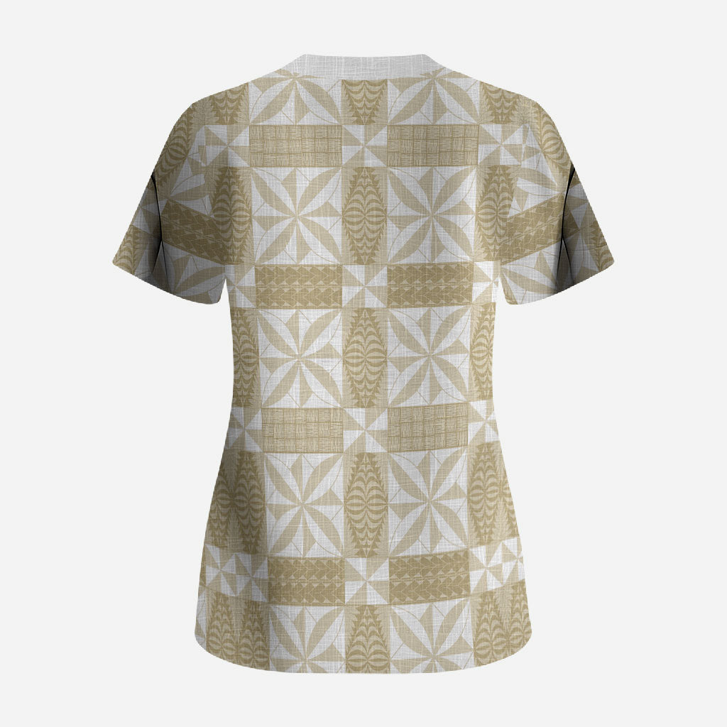 Beige Ngatu Pattern Malo e Lelei Tonga Scrub Top