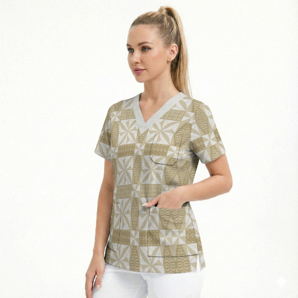 Beige Ngatu Pattern Malo e Lelei Tonga Scrub Top