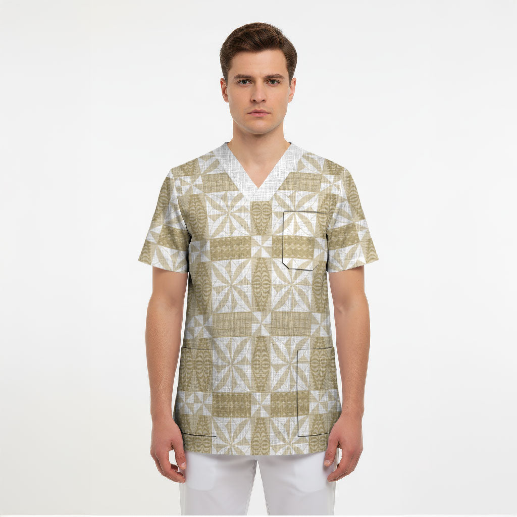 Beige Ngatu Pattern Malo e Lelei Tonga Scrub Top