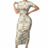 Beige Ngatu Pattern Malo e Lelei Tonga Short Sleeve Bodycon Dress