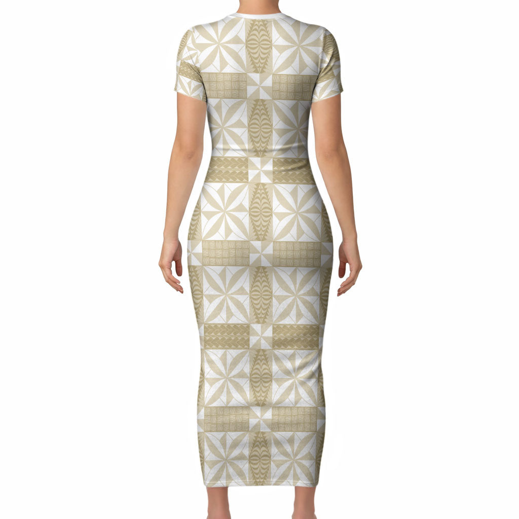 Beige Ngatu Pattern Malo e Lelei Tonga Short Sleeve Bodycon Dress