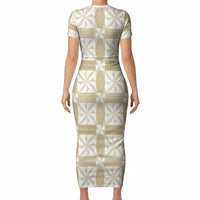 Beige Ngatu Pattern Malo e Lelei Tonga Short Sleeve Bodycon Dress