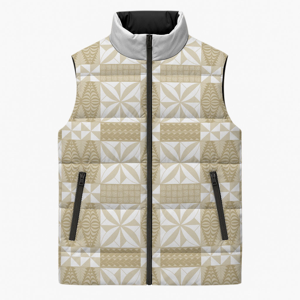 Beige Ngatu Pattern Malo e Lelei Tonga Sleeveless Puffer Jacket