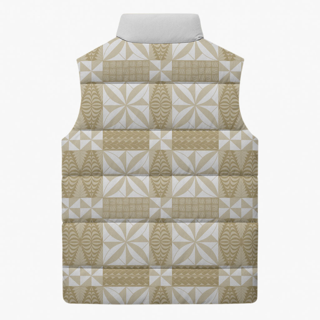 Beige Ngatu Pattern Malo e Lelei Tonga Sleeveless Puffer Jacket