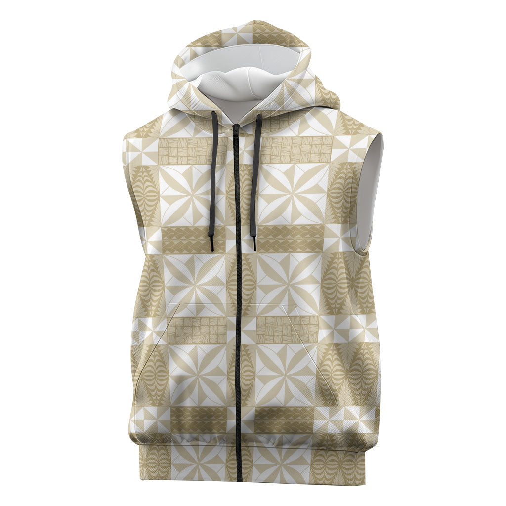 Beige Ngatu Pattern Malo e Lelei Tonga Sleeveless Zip Hoodie