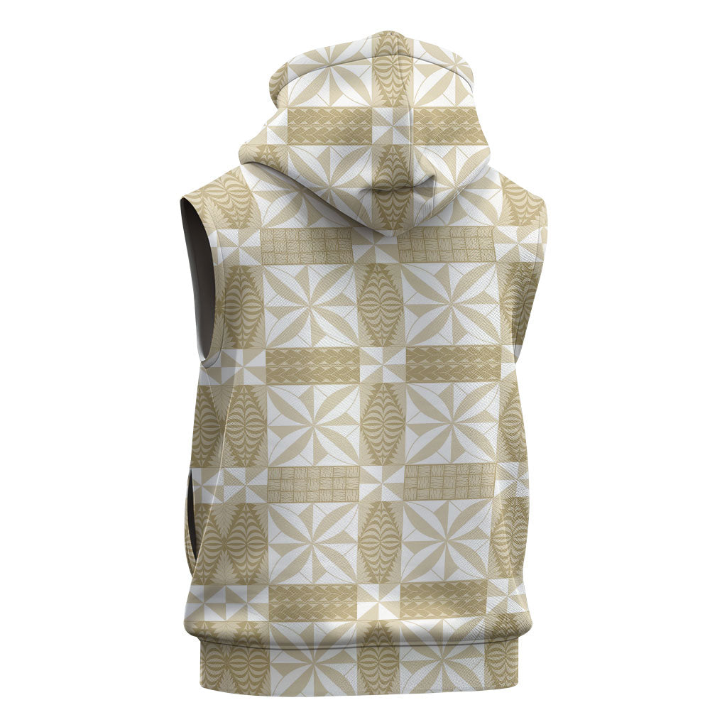 Beige Ngatu Pattern Malo e Lelei Tonga Sleeveless Zip Hoodie