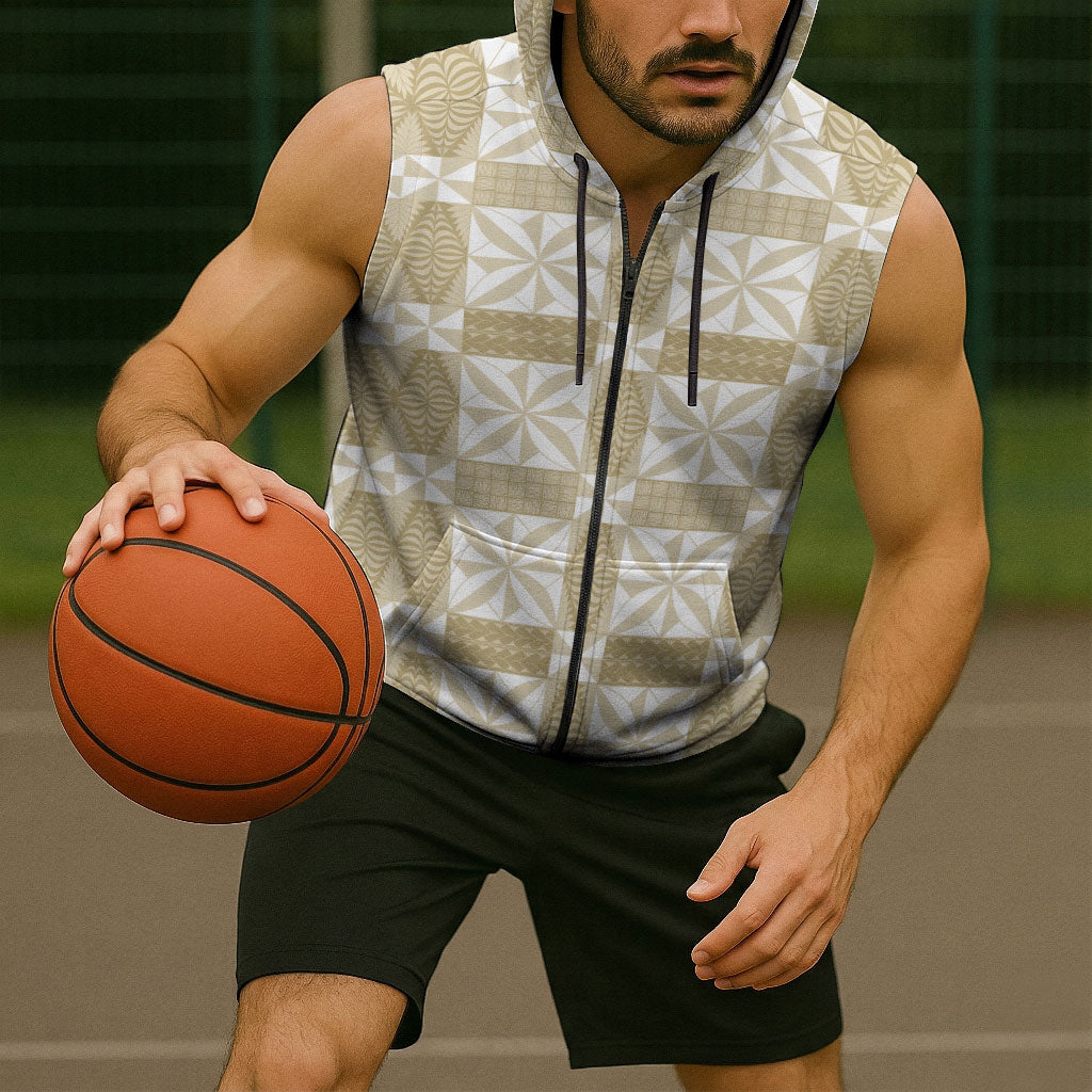 Beige Ngatu Pattern Malo e Lelei Tonga Sleeveless Zip Hoodie