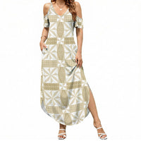 Beige Ngatu Pattern Malo e Lelei Tonga Summer Maxi Dress
