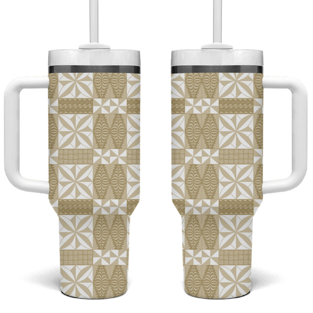 Beige Ngatu Pattern Malo e Lelei Tonga Tumbler With Handle