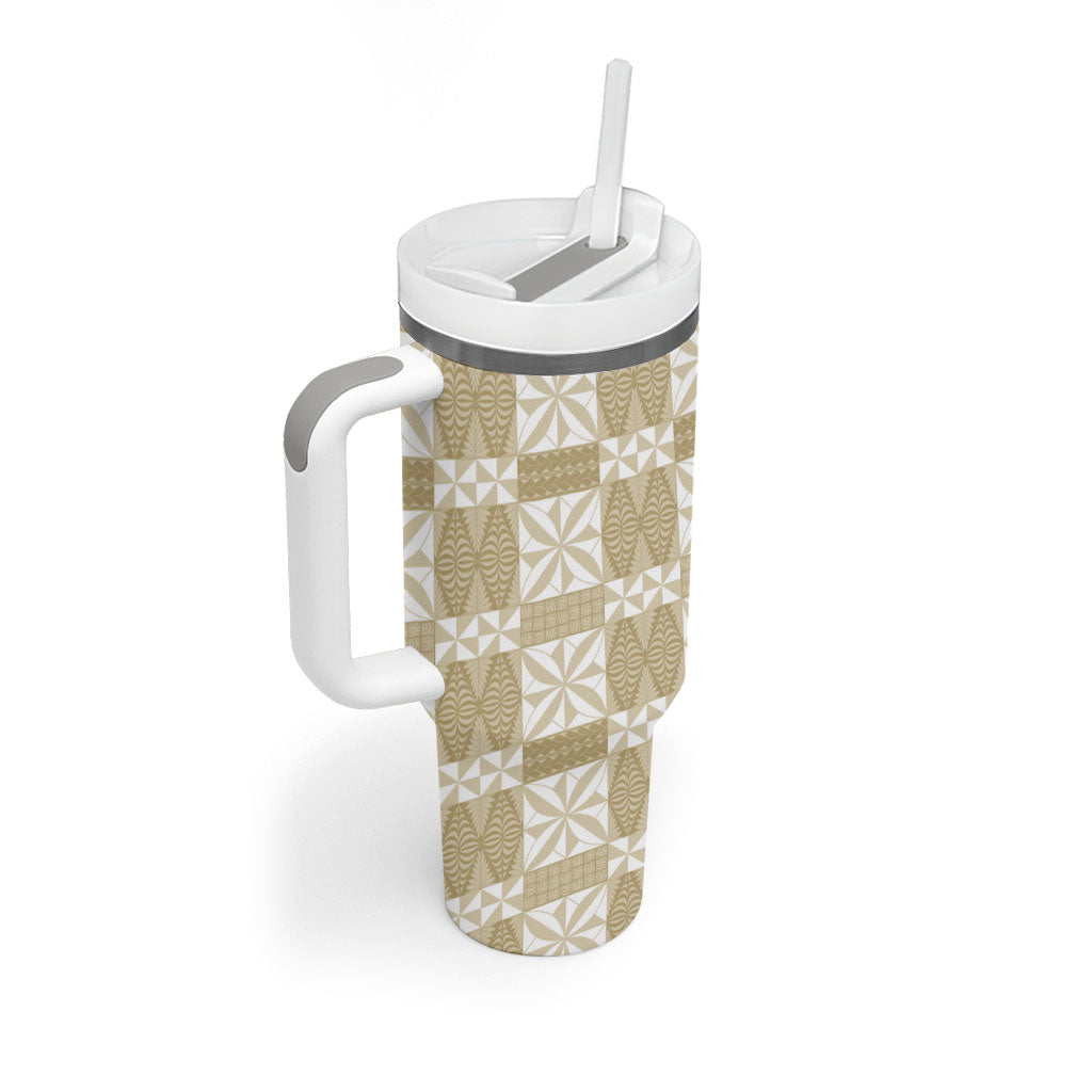 Beige Ngatu Pattern Malo e Lelei Tonga Tumbler With Handle