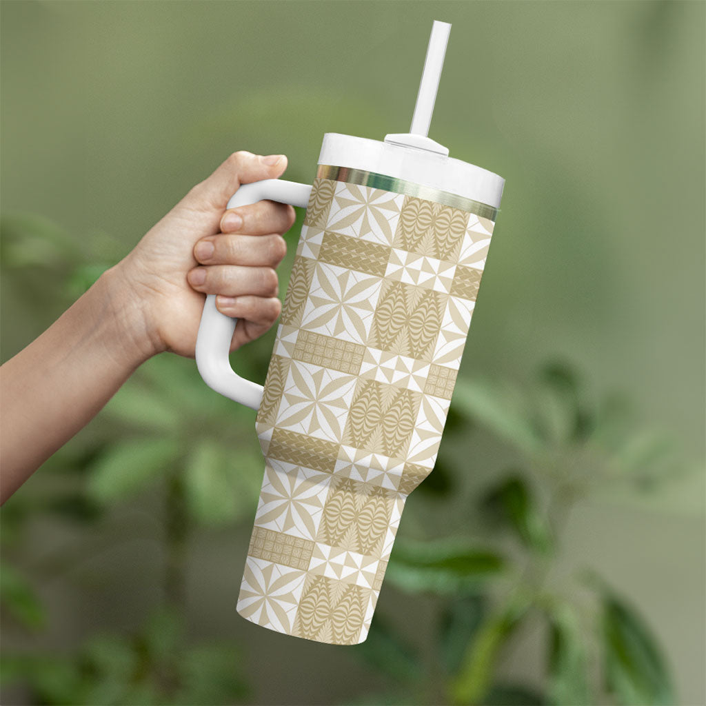 Beige Ngatu Pattern Malo e Lelei Tonga Tumbler With Handle