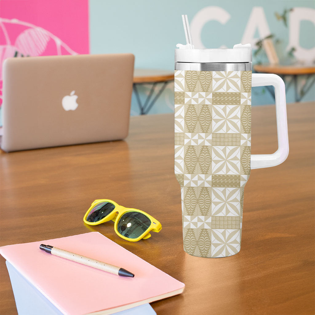 Beige Ngatu Pattern Malo e Lelei Tonga Tumbler With Handle