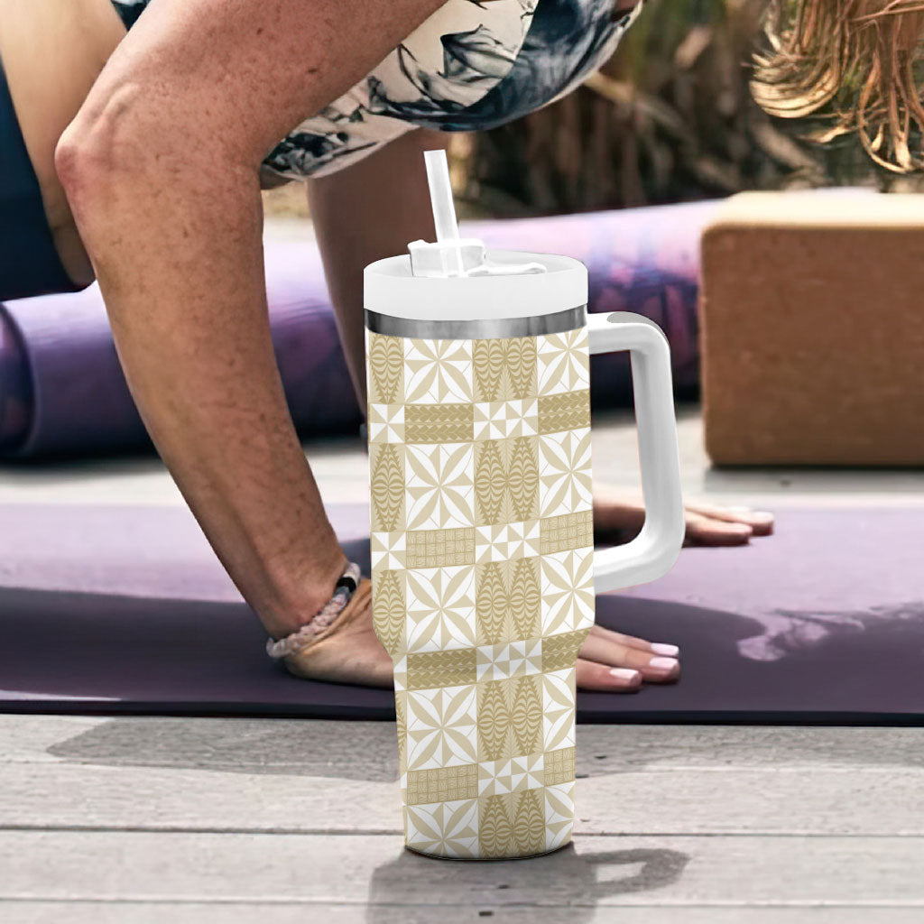 Beige Ngatu Pattern Malo e Lelei Tonga Tumbler With Handle
