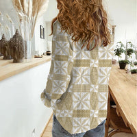 Beige Ngatu Pattern Malo e Lelei Tonga Women Casual Shirt