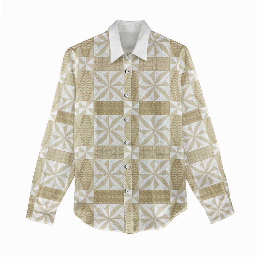 Beige Ngatu Pattern Malo e Lelei Tonga Women Casual Shirt