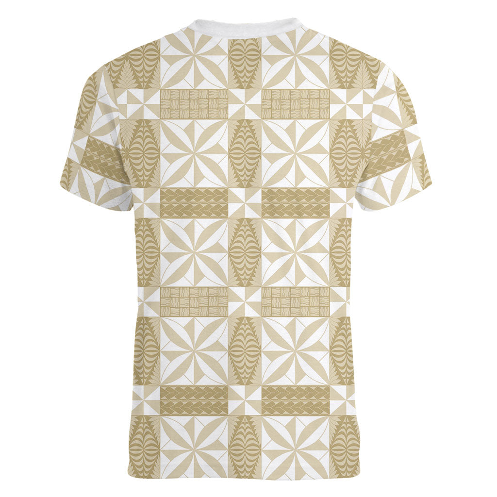 Beige Ngatu Pattern Malo e Lelei Tonga Women V-Neck T-Shirt