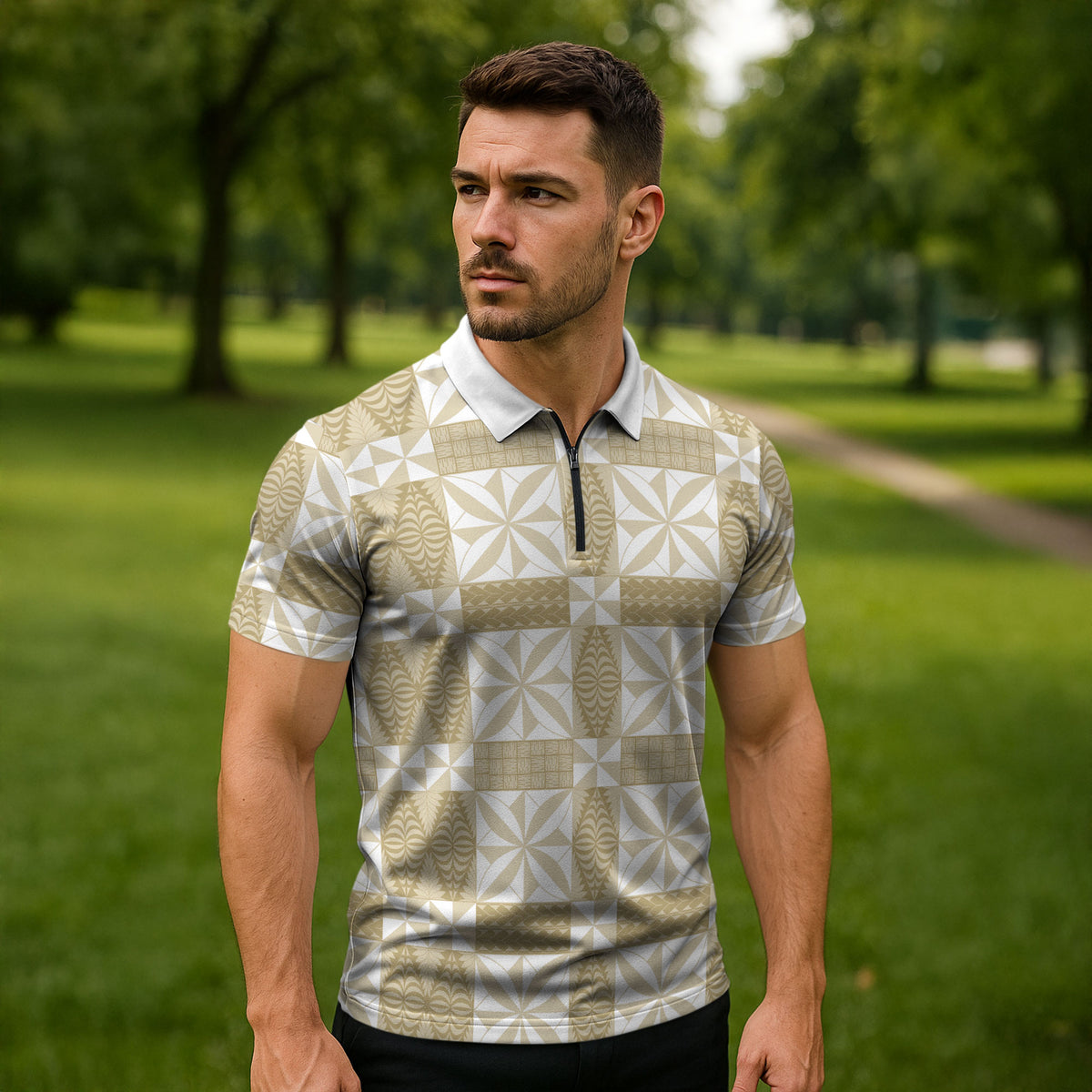 Beige Ngatu Pattern Malo e Lelei Tonga Zipper Polo Shirt