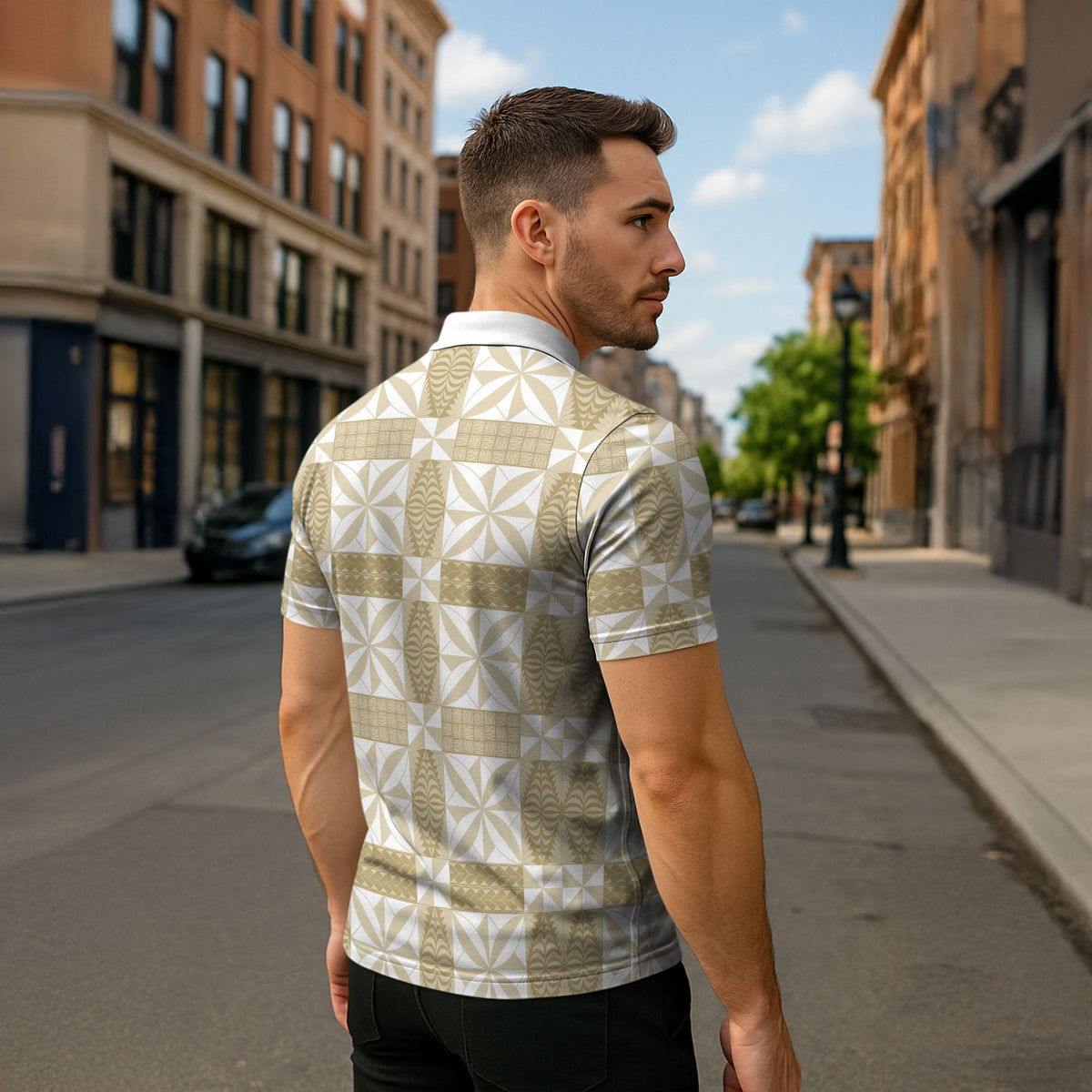 Beige Ngatu Pattern Malo e Lelei Tonga Zipper Polo Shirt