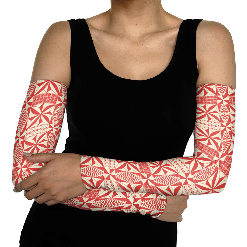 Red Ngatu Pattern Malo e Lelei Tonga Arm Sleeves