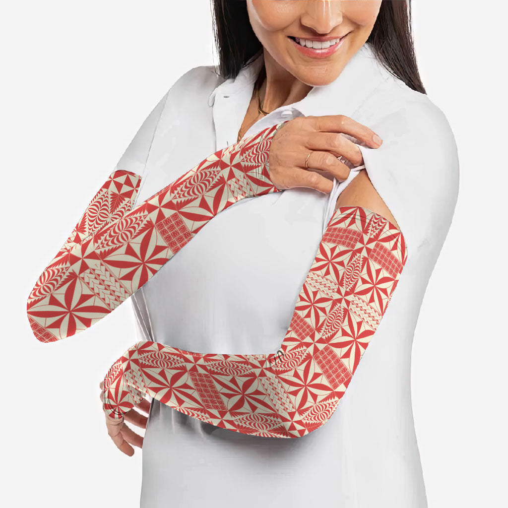 Red Ngatu Pattern Malo e Lelei Tonga Arm Sleeves