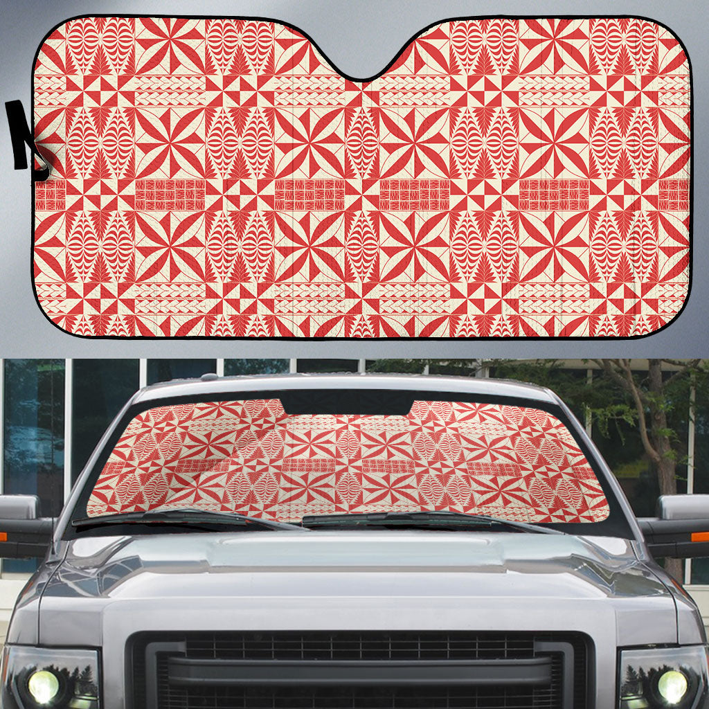 Red Ngatu Pattern Malo e Lelei Tonga Auto Sun Shade