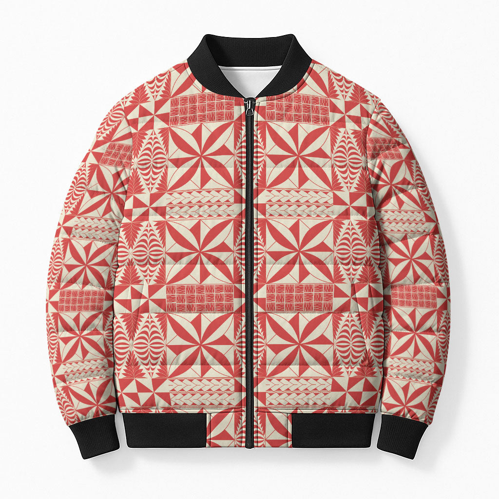 Red Ngatu Pattern Malo e Lelei Tonga Bomber Puffer Jacket