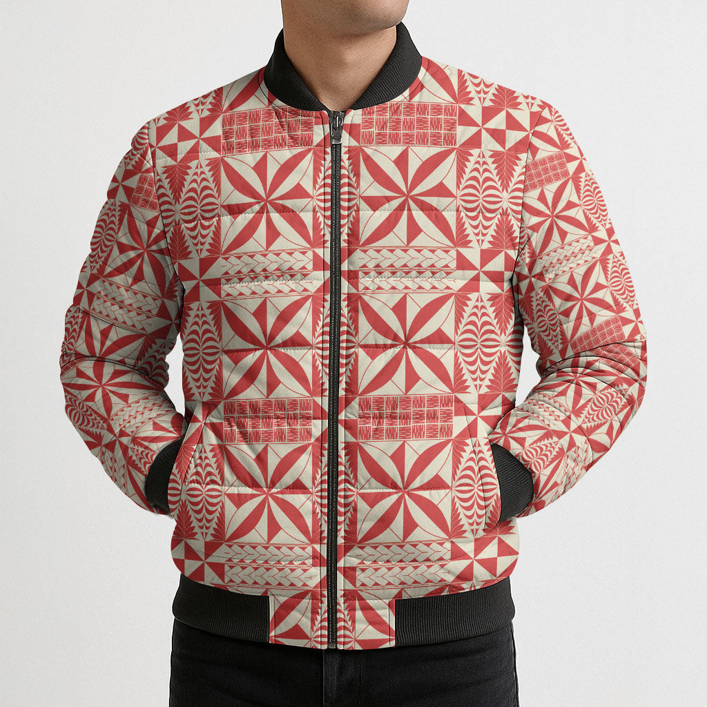 Red Ngatu Pattern Malo e Lelei Tonga Bomber Puffer Jacket