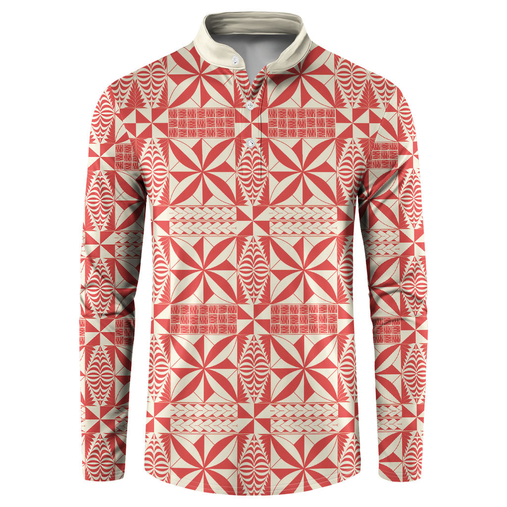 Red Ngatu Pattern Malo e Lelei Tonga Button Sweatshirt