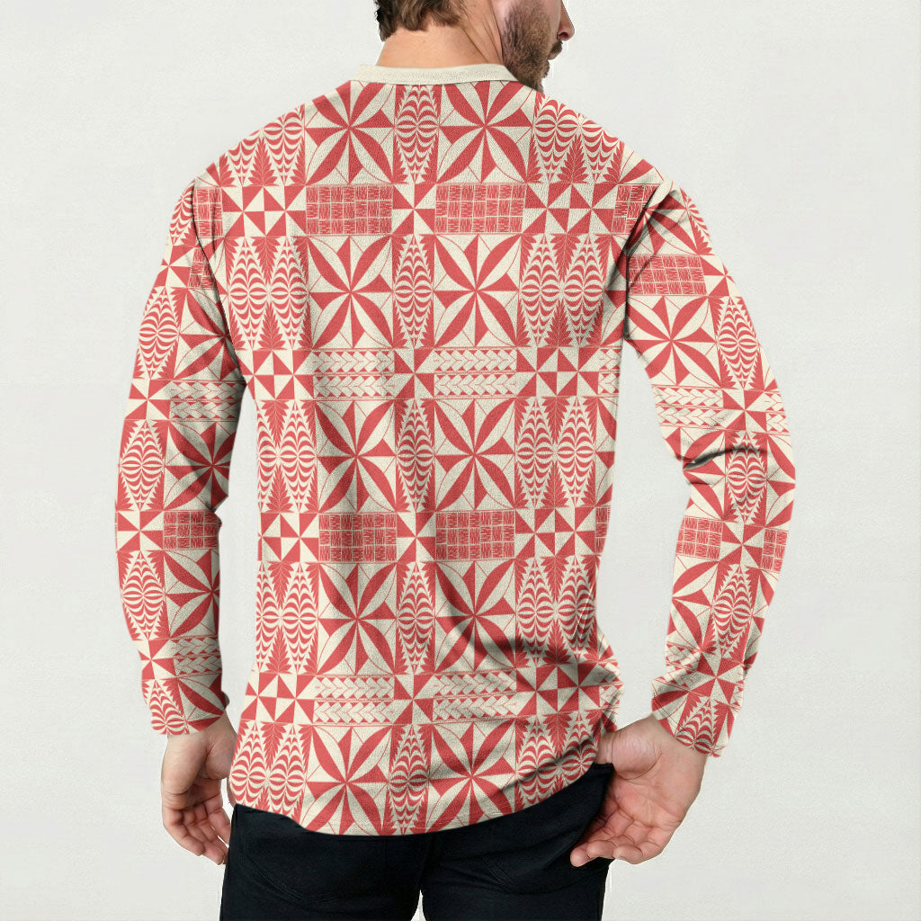 Red Ngatu Pattern Malo e Lelei Tonga Button Sweatshirt