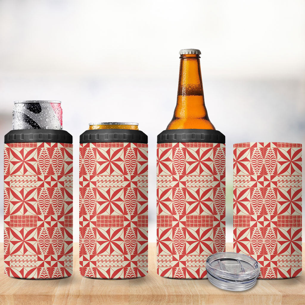 Red Ngatu Pattern Malo e Lelei Tonga 4 in 1 Can Cooler Tumbler