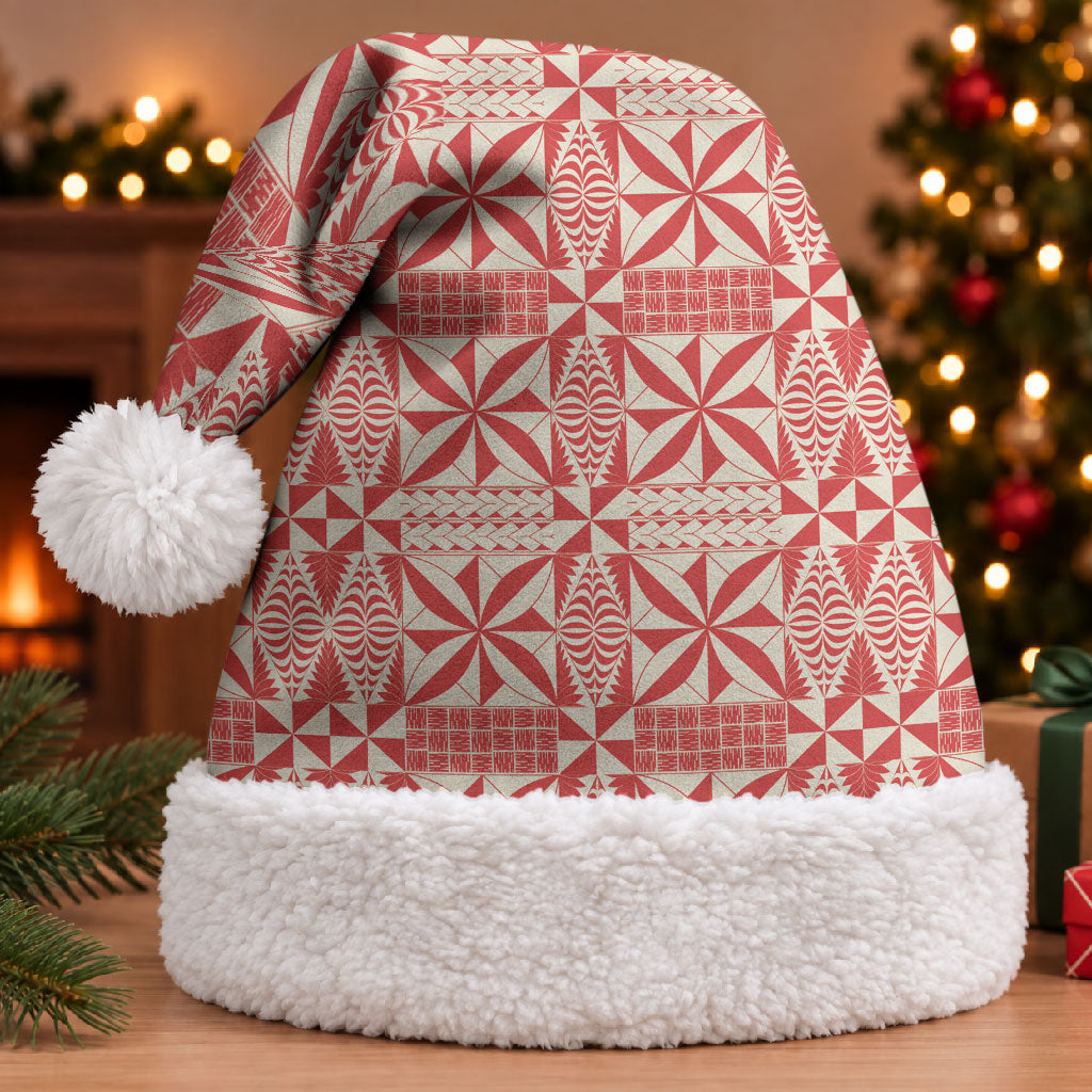 Red Ngatu Pattern Malo e Lelei Tonga Christmas Santa Hat LT14 With Fur Red - Polynesian Pride