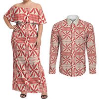 Red Ngatu Pattern Malo e Lelei Tonga Couples Matching Off Shoulder Maxi Dress and Long Sleeve Button Shirt