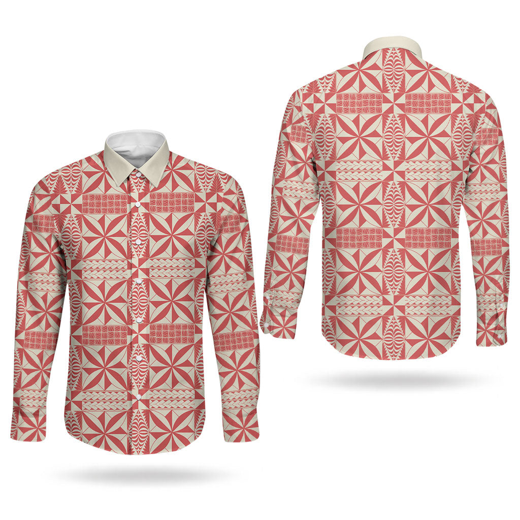 Red Ngatu Pattern Malo e Lelei Tonga Couples Matching Off Shoulder Maxi Dress and Long Sleeve Button Shirt