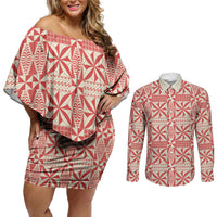 Red Ngatu Pattern Malo e Lelei Tonga Couples Matching Off Shoulder Short Dress and Long Sleeve Button Shirt