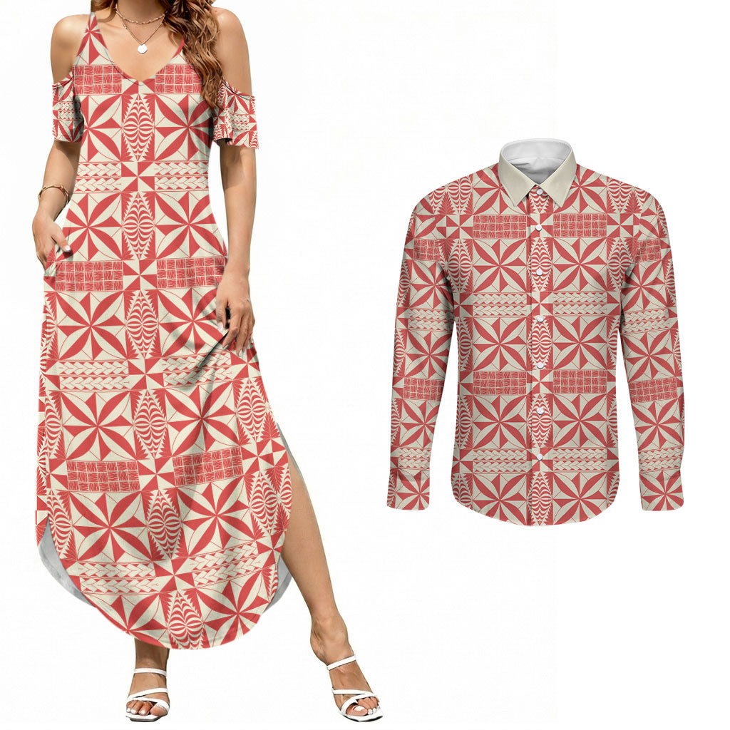 Red Ngatu Pattern Malo e Lelei Tonga Couples Matching Summer Maxi Dress and Long Sleeve Button Shirt
