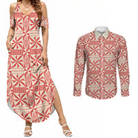 Red Ngatu Pattern Malo e Lelei Tonga Couples Matching Summer Maxi Dress and Long Sleeve Button Shirt