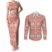 Red Ngatu Pattern Malo e Lelei Tonga Couples Matching Tank Maxi Dress and Long Sleeve Button Shirt