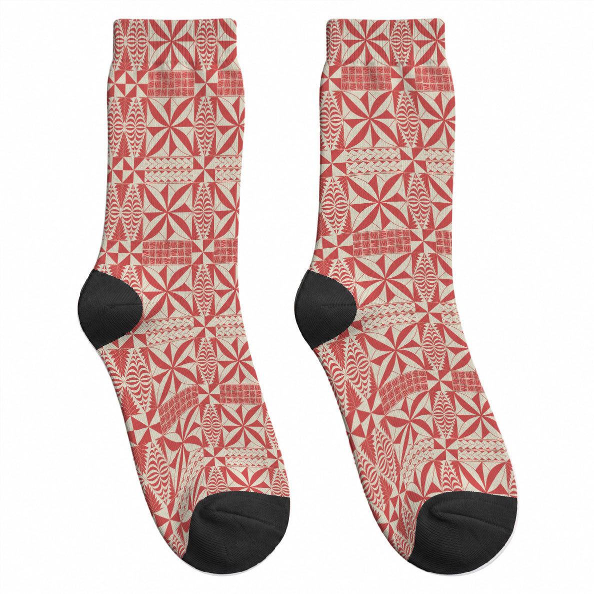 Red Ngatu Pattern Malo e Lelei Tonga Crew Socks