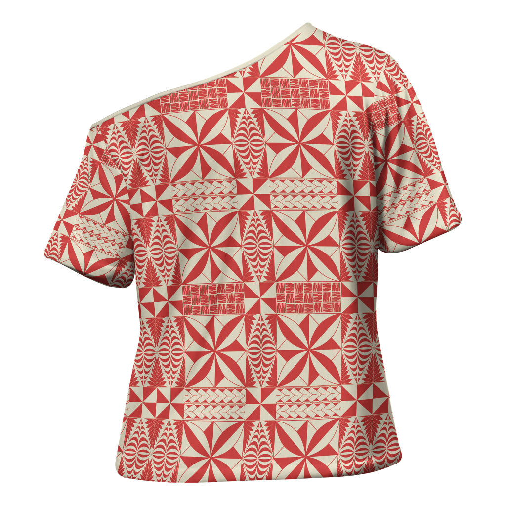 Red Ngatu Pattern Malo e Lelei Tonga Cross Shoulder Shirt