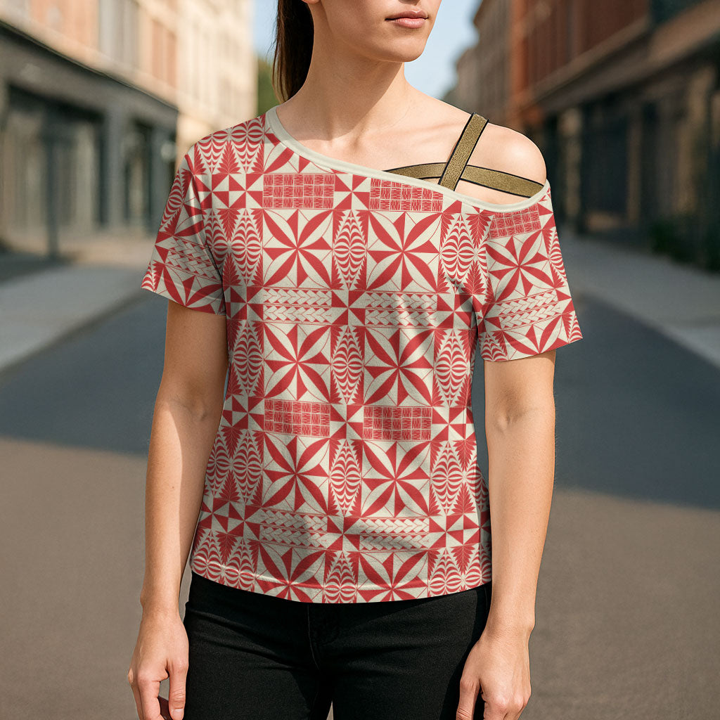 Red Ngatu Pattern Malo e Lelei Tonga Cross Shoulder Shirt