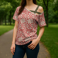 Red Ngatu Pattern Malo e Lelei Tonga Cross Shoulder Shirt