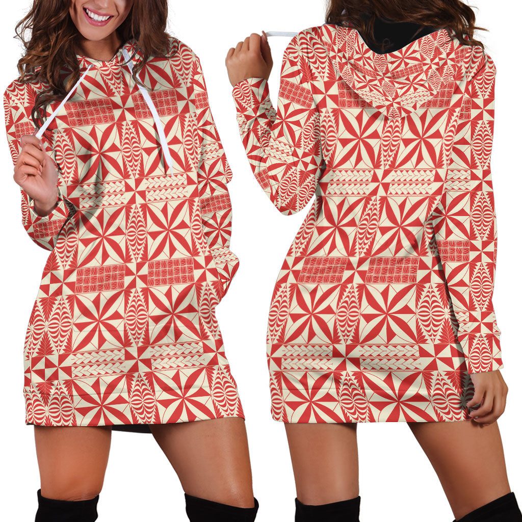 Red Ngatu Pattern Malo e Lelei Tonga Hoodie Dress