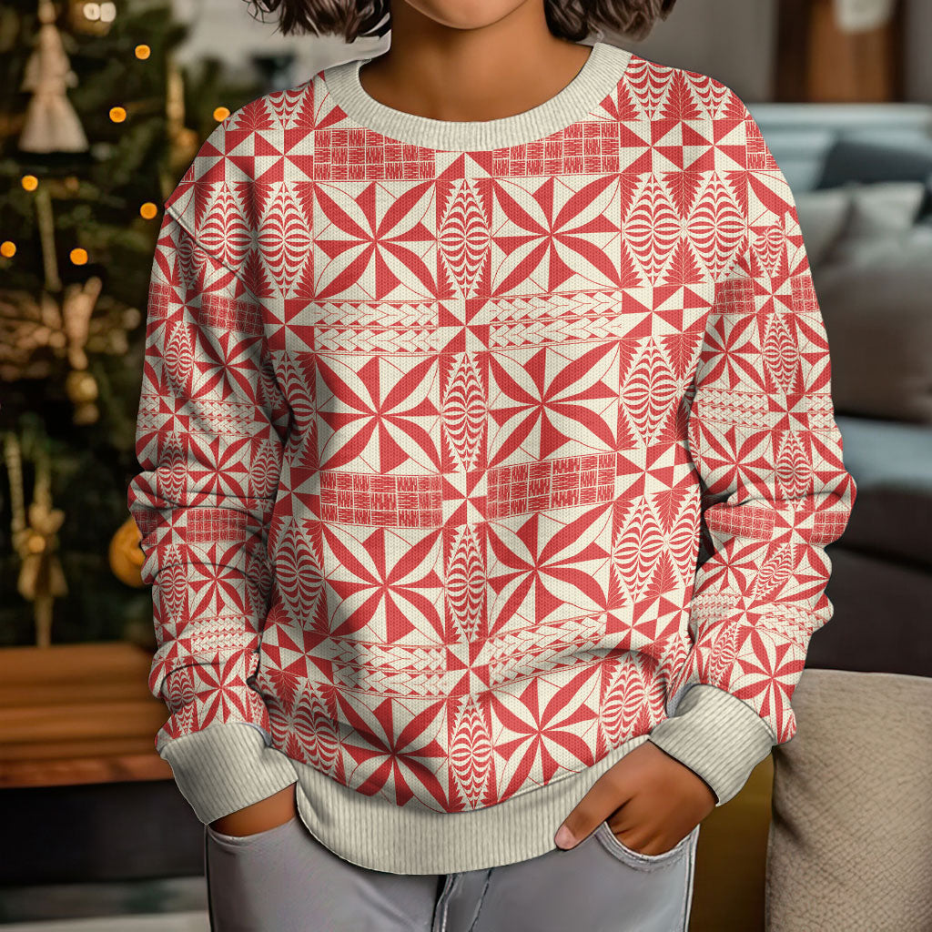 Red Ngatu Pattern Malo e Lelei Tonga Kid Ugly Christmas Sweater