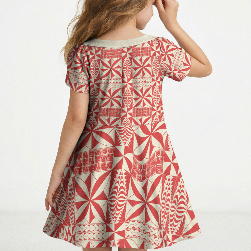 Red Ngatu Pattern Malo e Lelei Tonga Kid Short Sleeve Dress