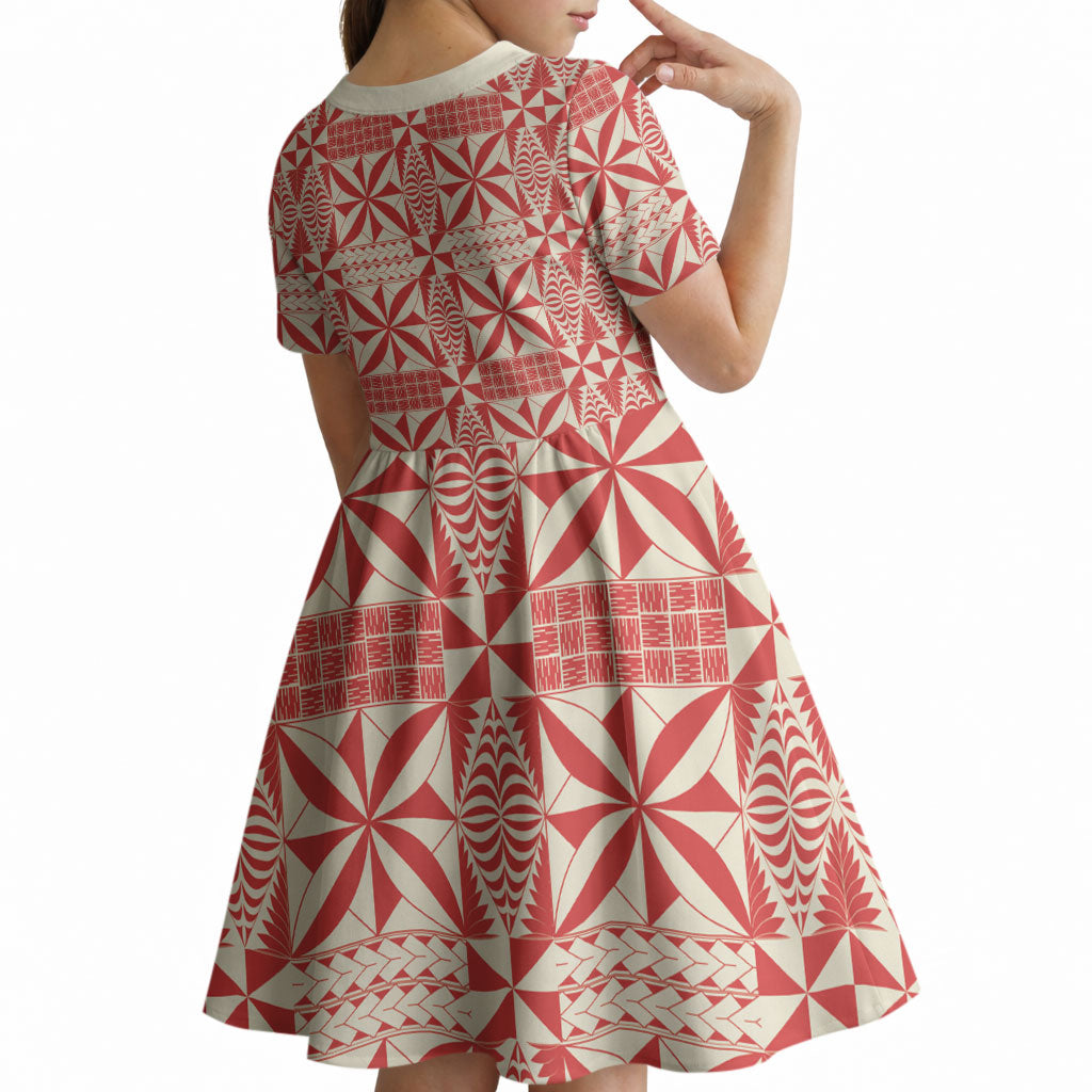 Red Ngatu Pattern Malo e Lelei Tonga Kid Short Sleeve Dress