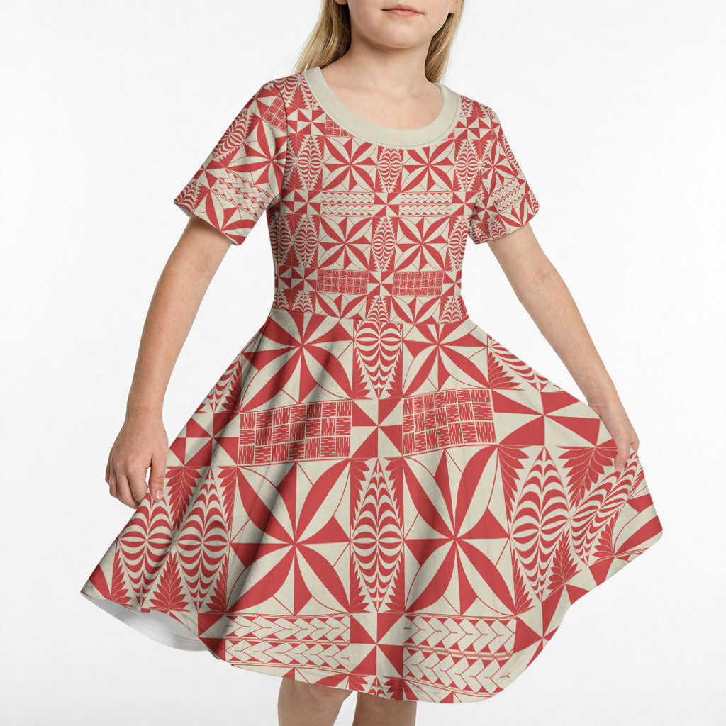 Red Ngatu Pattern Malo e Lelei Tonga Kid Short Sleeve Dress