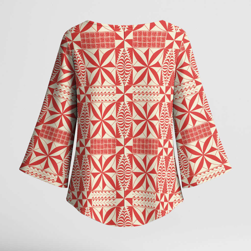 Red Ngatu Pattern Malo e Lelei Tonga Kimono Sleeve Blouse