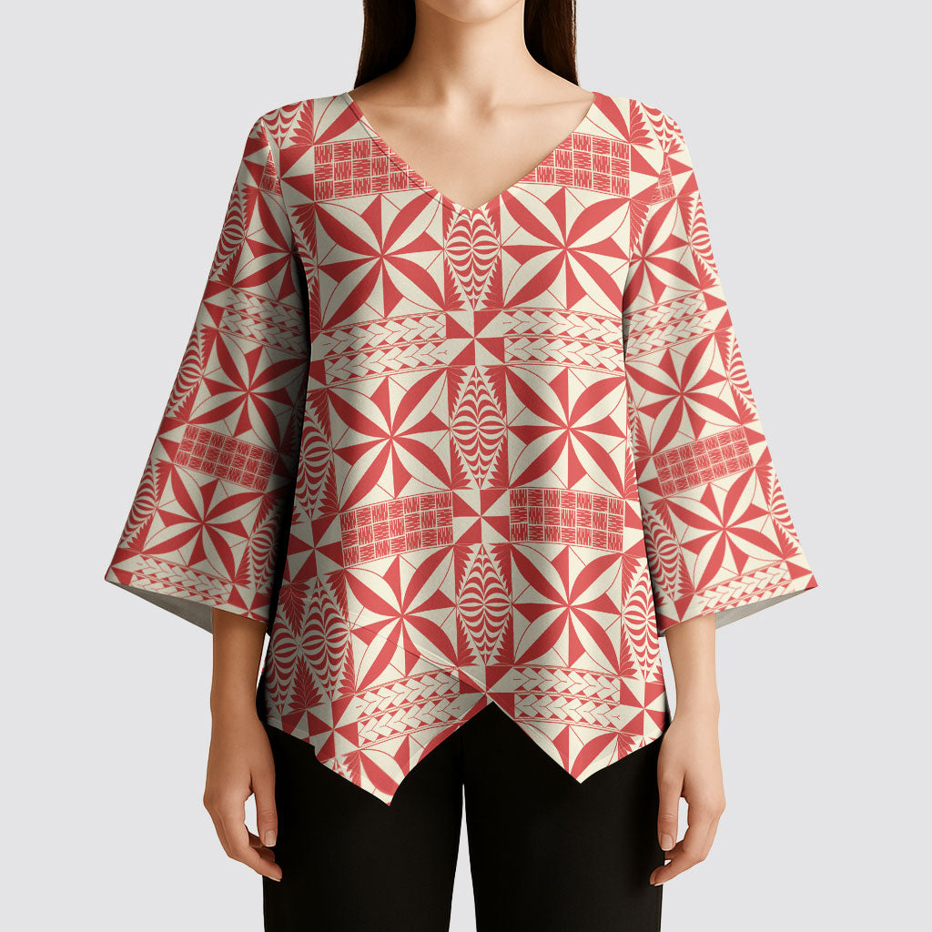 Red Ngatu Pattern Malo e Lelei Tonga Kimono Sleeve Blouse